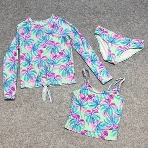 The Childrens Place Girls 3 Piece Rash Guard Tankini Set Mint Tropical Size 7/8